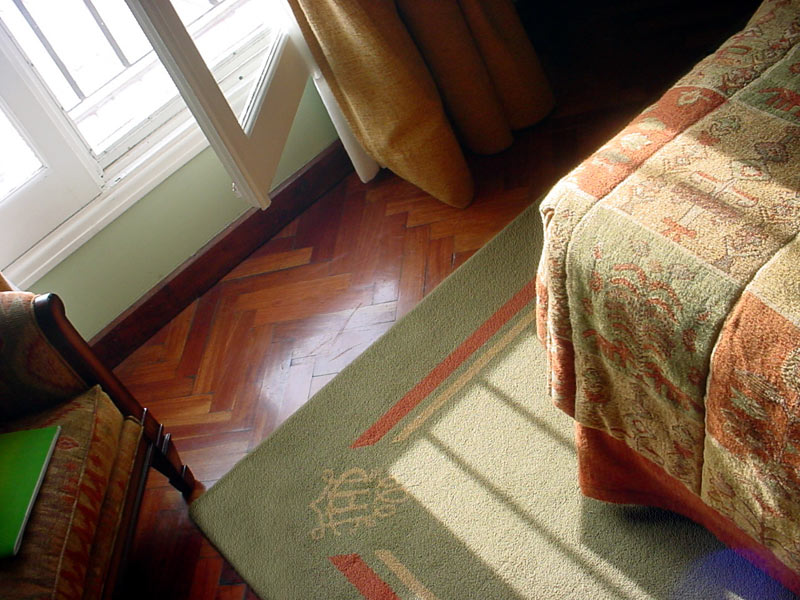 Fragment dywanu wełnianego w odcieniach zieleni. Widoczny efekt czyszczenia dywanu metodą ekstrakcji.
